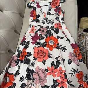 Ann Taylor Floral Midi Dress in Cream and Red